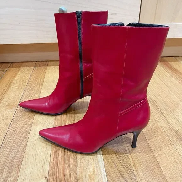 Cole Haan City Red Leather Pointed Toe Ankle Boots Kitten Heel Womens Size 6 EUC - Picture 3 of 16